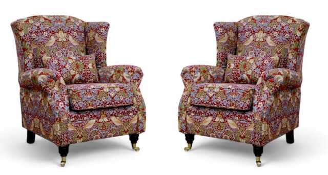 Pair Of Wing Chairs Handcrafted Fireside Strawberry Thief Wine Check, Made in UK - image 1