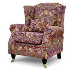 Pair Of Wing Chairs Handcrafted Fireside Strawberry Thief Wine Check, Made in UK - thumbnail 3