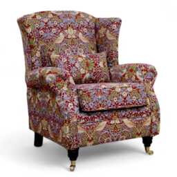 Pair Of Wing Chairs Handcrafted Fireside Strawberry Thief Wine Check, Made in UK - thumbnail 2