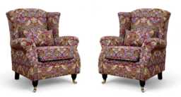 Pair Of Wing Chairs Handcrafted Fireside Strawberry Thief Wine Check, Made in UK