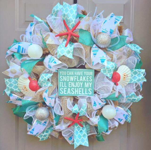 You Can Have Your Snowflakes I'll Enjoy My Seashells Burlap Deco Mesh Wreath, Seashell Beach Coastal Christmas - image 1