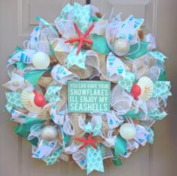 You Can Have Your Snowflakes I'll Enjoy My Seashells Burlap Deco Mesh Wreath, Seashell Beach Coastal Christmas - thumbnail 1