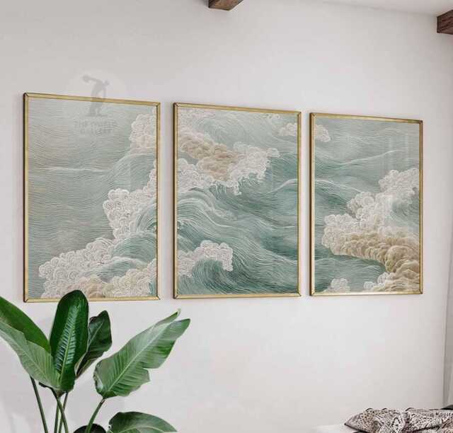 Set Of 3 Coastal Wall Art Prints, Abstract Ocean Wave Posters, Nautical Sea Inspired Home Decor - image 1