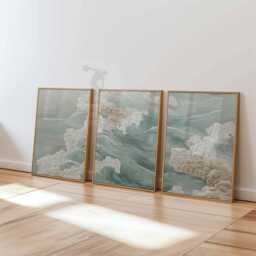 Set Of 3 Coastal Wall Art Prints, Abstract Ocean Wave Posters, Nautical Sea Inspired Home Decor - thumbnail 3