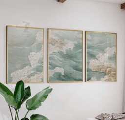 Set Of 3 Coastal Wall Art Prints, Abstract Ocean Wave Posters, Nautical Sea Inspired Home Decor - thumbnail 1
