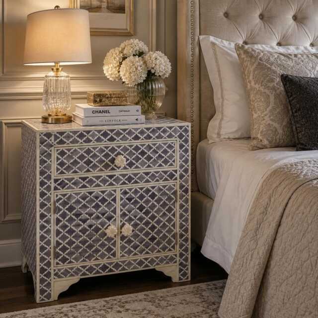 Handmade Bone Inlay Gray Moroccan Pattern Designer Bedside Nightstand - image 1