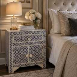 Handmade Bone Inlay Gray Moroccan Pattern Designer Bedside Nightstand - thumbnail 1