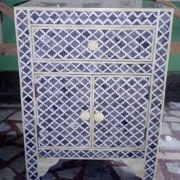 Handmade Bone Inlay Gray Moroccan Pattern Designer Bedside Nightstand - thumbnail 2