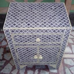 Handmade Bone Inlay Gray Moroccan Pattern Designer Bedside Nightstand - thumbnail 3