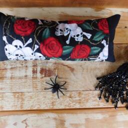 Lumbar Support, Gothic Pillow, Back Neckroll, Red & Black, Roses, Thorns, Skulls, Travel Pillow - thumbnail 3