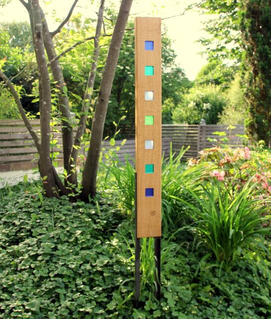 Garden Sculpture Made Of Wood & Glass. A Unique, Handmade, Weatherproof Garden Decoration