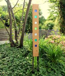 Garden Sculpture Made Of Wood & Glass. A Unique, Handmade, Weatherproof Garden Decoration