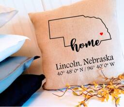 Custom Nebraska Coordinates Pillow Cover in Various Sizes & Colors For Housewarming, Hostess, Or Realtor Client Gifts