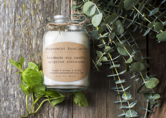 Peppermint Eucalyptus Soy Candle, Candles, Upcycled Wax Fresh Scented Candle - image 1