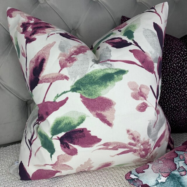 Purple Floral Leaf Cushion Cover, Decorative Pillow Cover Ashley Design, Farmhouse - Countryside Home Decor Made in UK - image 1