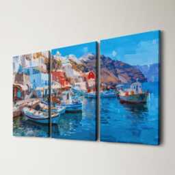 Santorini Harbour 3 Panel Split Canvas Wall Art Fishing Boats Mediterranean Coastal Landscape Oil Painting Framed Home Decor Gift - thumbnail 1