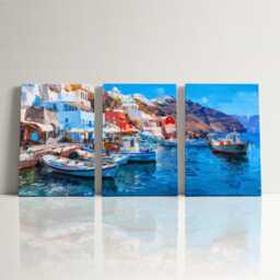 Santorini Harbour 3 Panel Split Canvas Wall Art Fishing Boats Mediterranean Coastal Landscape Oil Painting Framed Home Decor Gift - thumbnail 3