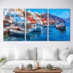 Santorini Harbour 3 Panel Split Canvas Wall Art Fishing Boats Mediterranean Coastal Landscape Oil Painting Framed Home Decor Gift - thumbnail 2