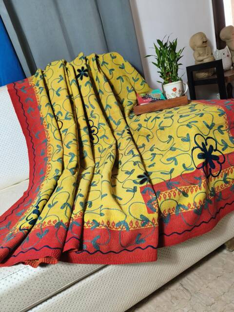 Vintage Threadwork Quilt Bed Cover in Yellow - King Size Handmade Bedding Sofa Throw Kantha Bedspread - image 1