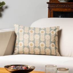Retro Floral Print Linen Look Boudoir Cushion Cover in Duck Egg Blue. Vintage 1960S & 1970S Flower Motif Design. 17x12