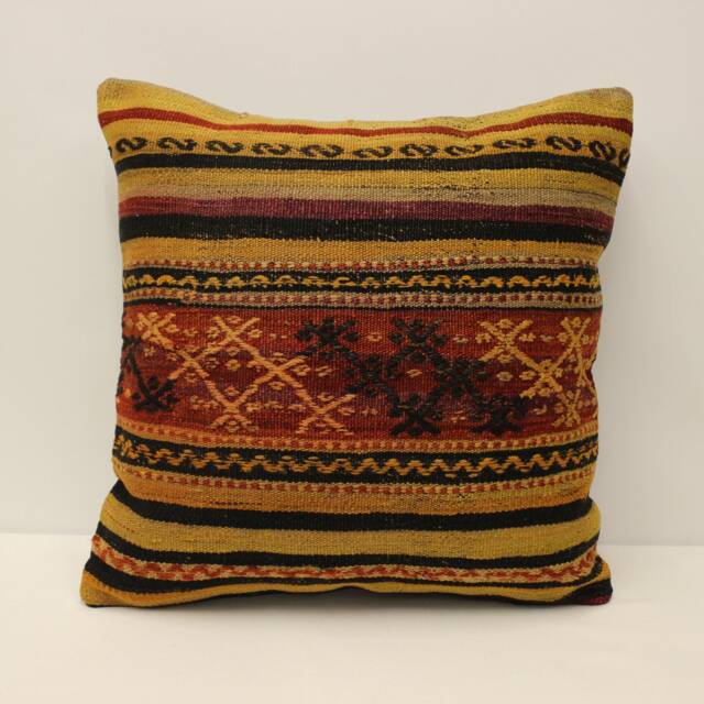 Ethnic Kilim Pillow, 20x20 Turkish Bohemian Carpet Handmade Lumbar, Boho Sham Cover, Sofa Throw Pillow 4Ef-543 - image 1