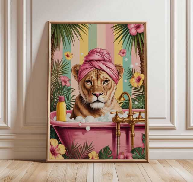 Lion Bathtub Poster Print - Quirky Animal Wall Art Tropical Bathroom Decor Funny Jungle Illustration Playful Safari Artwork Gift For Home - image 1