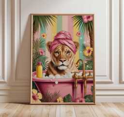 Lion Bathtub Poster Print - Quirky Animal Wall Art Tropical Bathroom Decor Funny Jungle Illustration Playful Safari Artwork Gift For Home - thumbnail 1