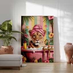 Lion Bathtub Poster Print - Quirky Animal Wall Art Tropical Bathroom Decor Funny Jungle Illustration Playful Safari Artwork Gift For Home - thumbnail 3