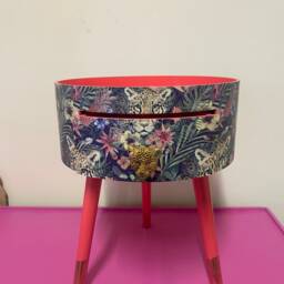 Round Coral Bedside Table, Green & Navy Leopard Floral Design. Wooden Cheetah Side Table With Drawer. Quirky Nightstand For Bedroom - thumbnail 4