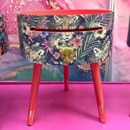 Round Coral Bedside Table, Green & Navy Leopard Floral Design. Wooden Cheetah Side Table With Drawer. Quirky Nightstand For Bedroom - thumbnail 3