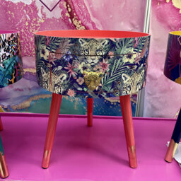 Round Coral Bedside Table, Green & Navy Leopard Floral Design. Wooden Cheetah Side Table With Drawer. Quirky Nightstand For Bedroom