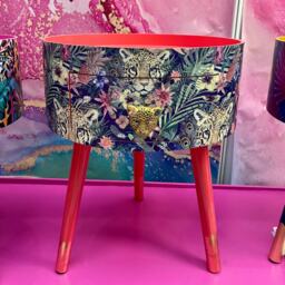 Round Coral Bedside Table, Green & Navy Leopard Floral Design. Wooden Cheetah Side Table With Drawer. Quirky Nightstand For Bedroom - thumbnail 2