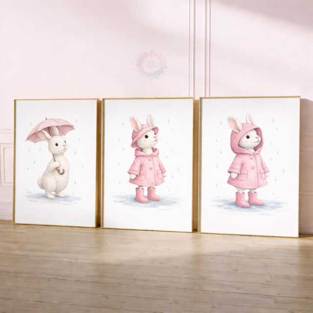 Rabbit Nursery Prints - Set Of 3 Pink Bunny Girls Wall Art, Girl Animal Decor - image 1