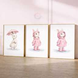 Rabbit Nursery Prints - Set Of 3 Pink Bunny Girls Wall Art, Girl Animal Decor