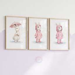 Rabbit Nursery Prints - Set Of 3 Pink Bunny Girls Wall Art, Girl Animal Decor - thumbnail 2