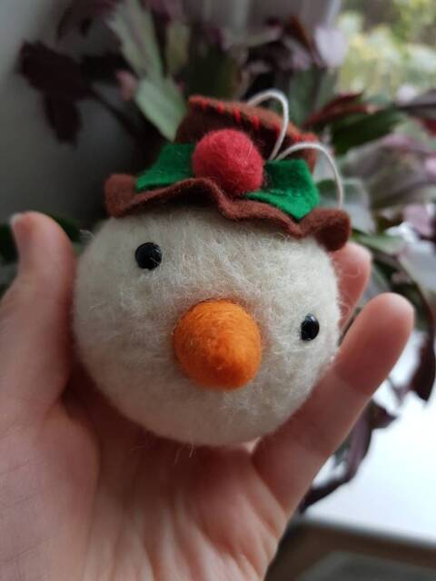 Needle Felted Christmas Snowman Tree Bauble, Snow Man Head Ornament, Decoration - image 1