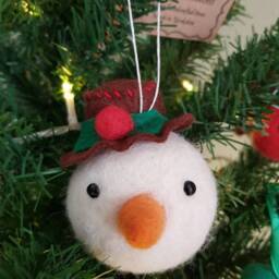 Needle Felted Christmas Snowman Tree Bauble, Snow Man Head Ornament, Decoration - thumbnail 2