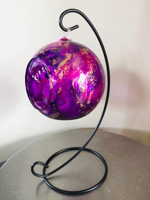 Hand Painted Glass Tea Light Candle Holder, Purple & Gold Lantern On Stand, Gift Home. Valentine Day For Her. Christmas Gift - image 1