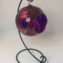 Hand Painted Glass Tea Light Candle Holder, Purple & Gold Lantern On Stand, Gift Home. Valentine Day For Her. Christmas Gift - thumbnail 2