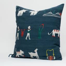 Hand Stitched Tai Lu Pillow Cover, Ethnic Indigo Cotton Cushion - 20x20 - thumbnail 3