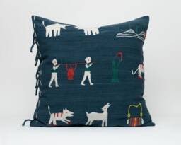 Hand Stitched Tai Lu Pillow Cover, Ethnic Indigo Cotton Cushion - 20x20 - thumbnail 1
