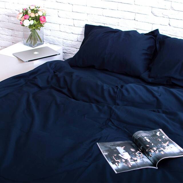 Cotton Sateen Bedding Set Of 5 Pieces in Dark Blue. Flat Sheet, Fitted Duvet Cover, 2 Pillowcases. Twin Full Queen Au Eu - image 1