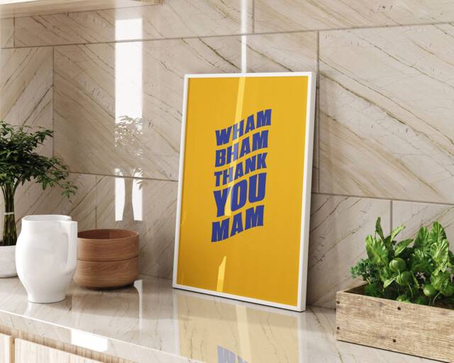 Wham Bham Thank You Mam Typography Print Orange Blue Wall Art Retro Pop Culture Quote Poster A3 A4 Framed Unframed Home Decor Gift - image 1