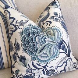 Blue Floral Linen Cushion Cover Hamptons Style Pillow - thumbnail 3