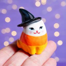 Handmade Ceramic Candy Corn Cat Figurine - Halloween Decor