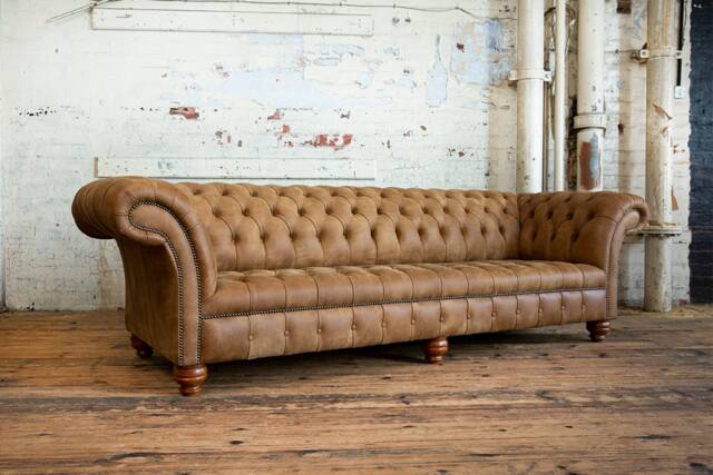 Handmade Large 4 Seater Distressed Light Tan Brown Leather Chesterfield Sofa, British - image 1