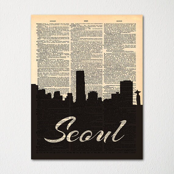 Seoul South Korea Skyline Dictionary Art Print/Cityscape Poster Travel Deco