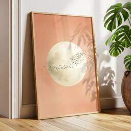 Soft Pink Moon With Birds Wall Art Minimalist Scandi Abstract Painting Large Room Decor Framed Calming Poster Print - thumbnail 1