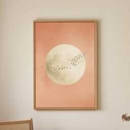 Soft Pink Moon With Birds Wall Art Minimalist Scandi Abstract Painting Large Room Decor Framed Calming Poster Print - thumbnail 3