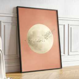 Soft Pink Moon With Birds Wall Art Minimalist Scandi Abstract Painting Large Room Decor Framed Calming Poster Print - thumbnail 2